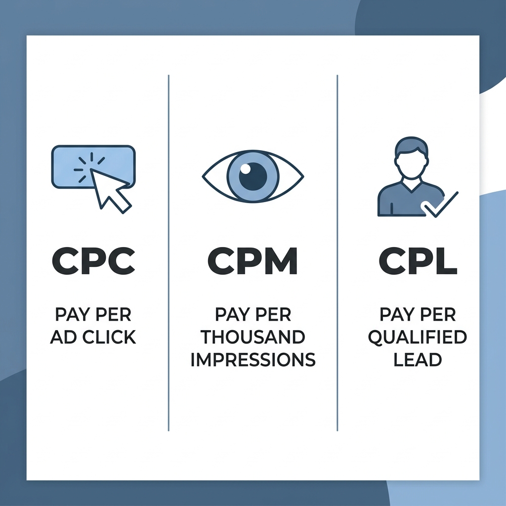 Infographic comparing three digital ad pricing models: CPC, CPM, and CPL with icons and brief descriptions.