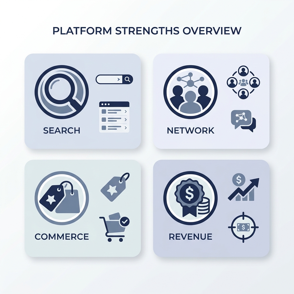 Minimalist infographic comparing four major online advertising platforms — Google, Meta, Microsoft, and Amazon — by primary s