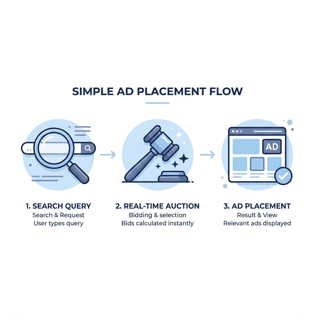 Infographic showing the three-step Google Ads auction process: search query, real-time auction, and ad placement.