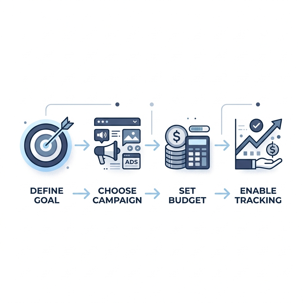 Four-step infographic showing how to get started with Google Ads: set goal, choose campaign, set budget, track conversions.