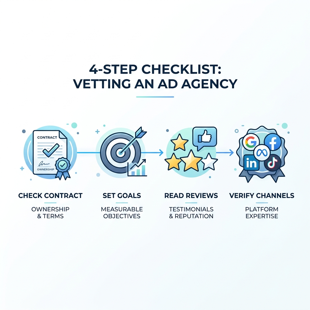 Four-step checklist infographic for vetting a marketing company before signing — account ownership, defined goals, third-part