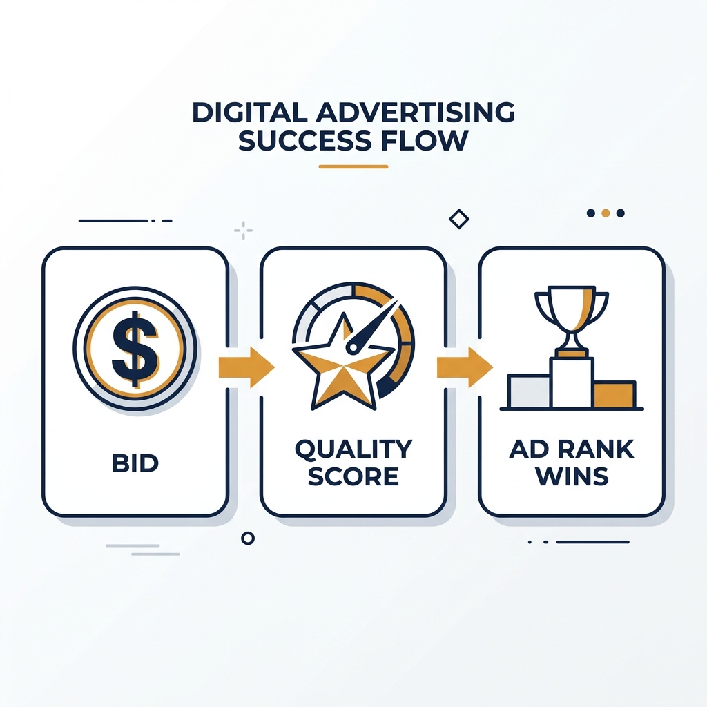 Infographic showing three steps of the PPC ad auction: bid, quality score, and ad rank result.