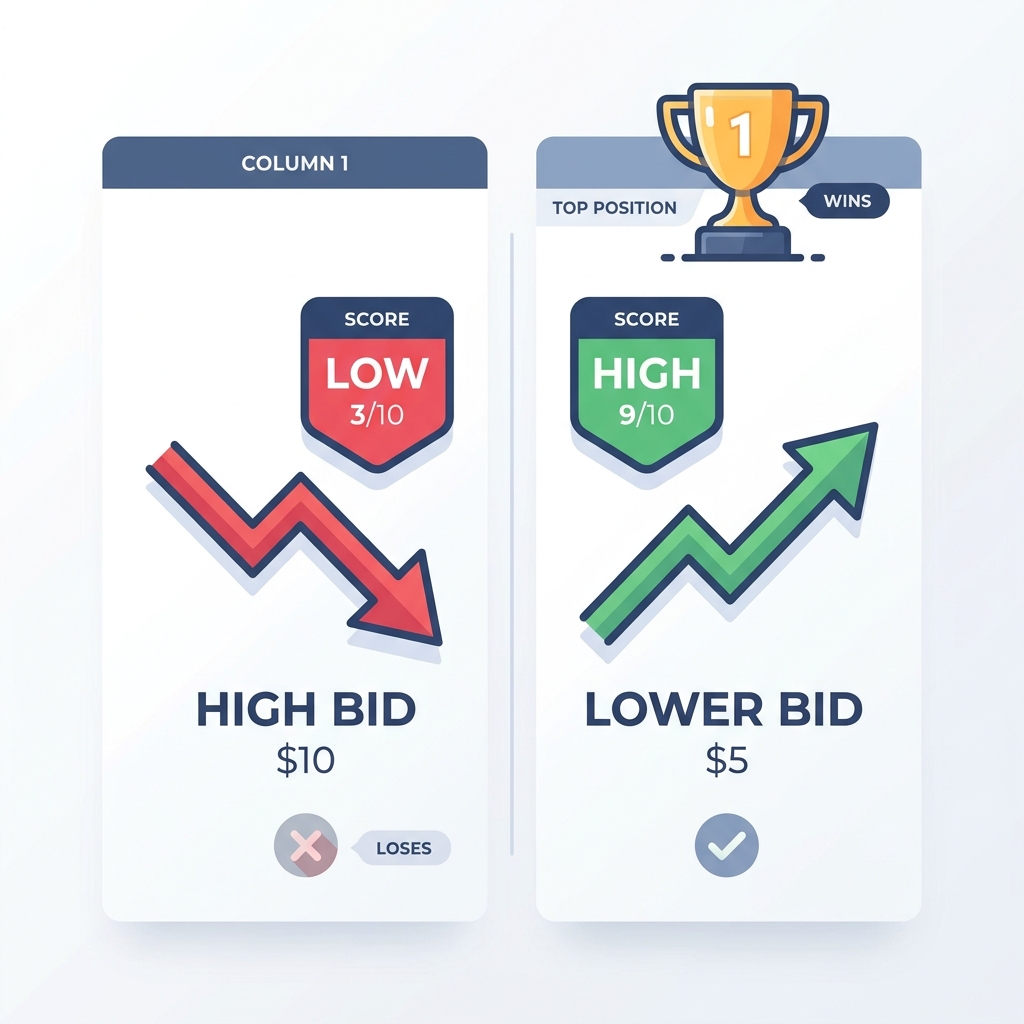 Infographic comparing high bid with low Quality Score versus lower bid with high Quality Score in a PPC auction.