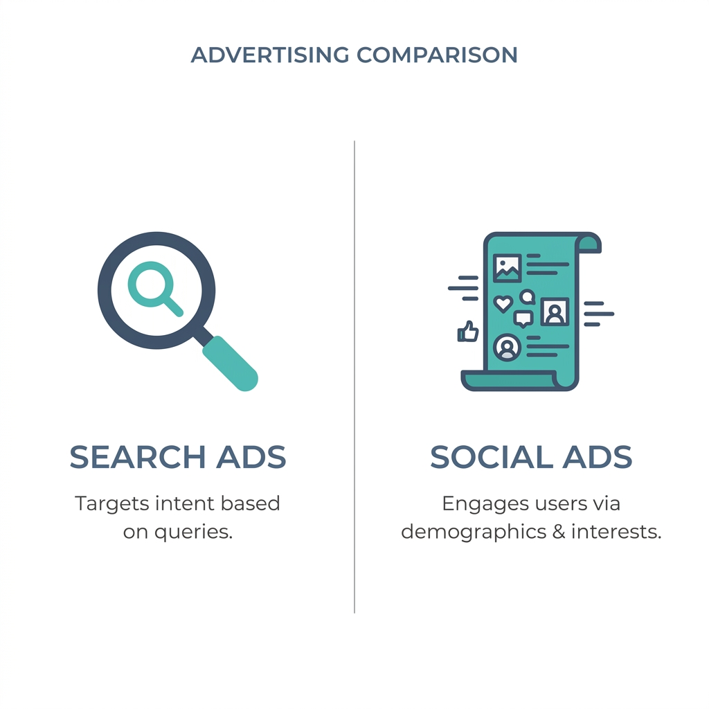 Simple infographic comparing search advertising versus social advertising by intent level.
