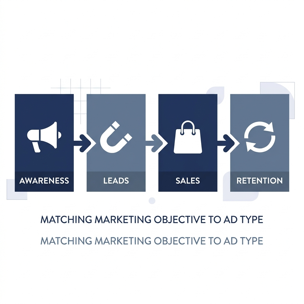 Minimalist infographic showing four marketing ad objectives — awareness, leads, sales, and retention — as a left-to-right flo
